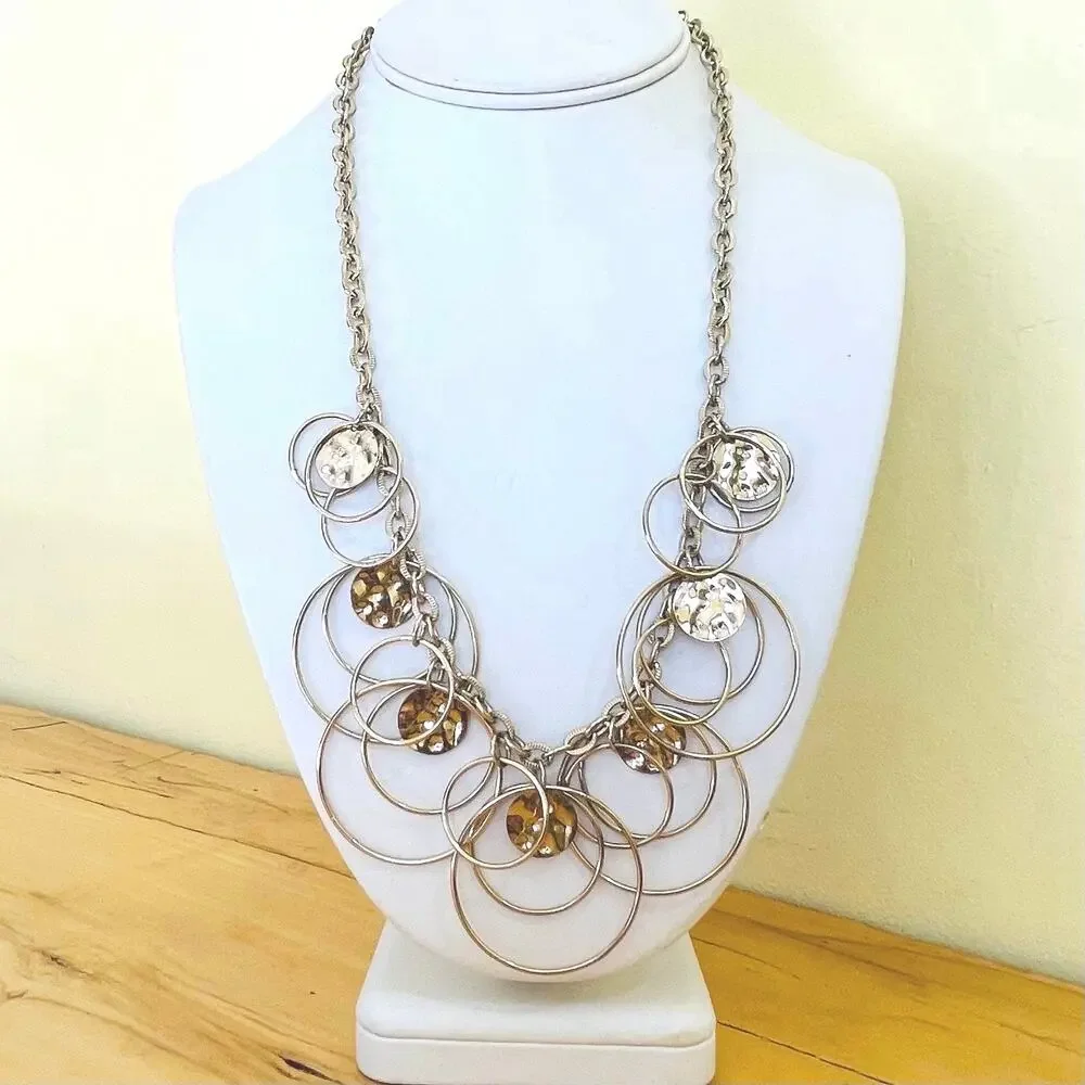 Vtg Hammered Disc Circle Retro Statement Necklace Link Chain Modernist